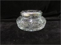 GLASS VANITY JAR WITH ORNATE STERLING LID 3"T