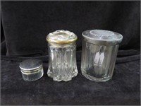 (3) GLASS JARS WITH SILVER LIDS 5.25"TALLEST