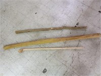 CARVED WALKING STICK 44" AND (2) RAW WOOD PIECES