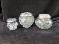 (3) GLASS VANITY JARS WITH SILVER LIDS 3.5"TALLEST