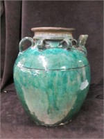 GREEN POTTERY WATER PITCHER 11"T
