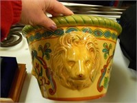 HAND PAINTED CERAMIC PLANTER WITH LIONS HEAD