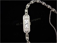 Art Deco Platinum Diamond Watch. 14k Gold