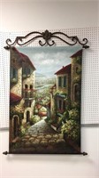 TAPESTRY OIL ON CANVAS WITH TIN ROD HOLDER SIGNED