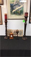 LOT WOODEN CANDLE HOLDERS TIN DECORATIVE CLOCK
