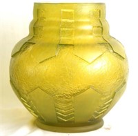 Daum Nancy style etched vase lime/yellow glass