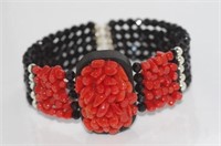 Coral, onyx and silver cuff