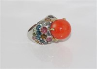 Coral and multi gemstone silver ring