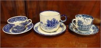 Three various blue & white breakfast cups &