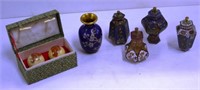 Four cloisonne lidded pots and a vase