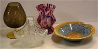 Two art glass vases and a crystal basket