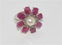 Silver, ruby and pearl ring