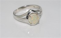 Silver and solid Australian round white opal ring
