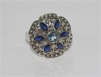 Silver, marcasite and blue topaz ring