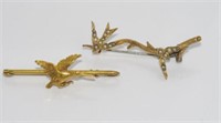 Two vintage gold bird brooches