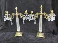 PAIR CRYSTAL AND BRASS CANDELABRAS WITH PRISMS