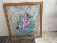 WOOD FRAMED "ROSE" STAIN GLASS WINDOW 29.5"T X