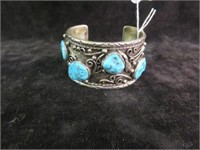 STERLING & TURQUOISE CUFF BRACELET SIGNED BG