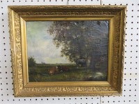 EARLY FRAMED OIL ON BOARD "CATTLE AND HORSE"