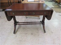 ANTIQUE MAHOGANY DROPLEAF LEATHER TOP TWO DRAWER