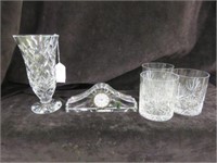 5PC WATERFORD-CLOCK, TUMBLERS AND VASE