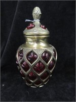 RUBY GLASS ENCASED IN BRASS COVERED JAR 9"T