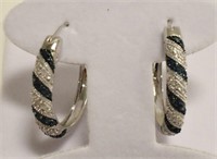 Sterling Silver Blue & White Diamond Hoop Earrings