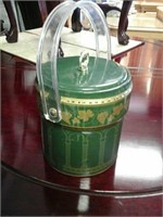 Green serving bowl with lid, handle and tongs