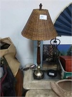 Wood candlestick Style lamp with wicker shade