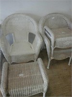 Choice from 2 white wicker chairs and foot stool