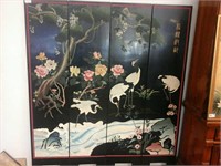 Large black 4 panel oriental themed folding screen