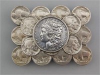 1881 Silver Dollar & Buffalo Nickels Belt Buckle