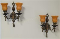 Pair 1920s Bronze & Art Glass Sconces