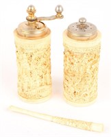 3 CHINESE RESIN SHAKERS AND BONE CIGARETTE HOLDER