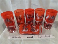 Set of 6 Red Glasses - Old Timey Cars