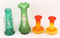 4 SATIN & PAINTED GLASS VASES