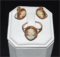 Vintage Estate 3pc. Cameo Gold Ring & Earrings