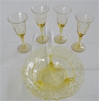 4 Canary Yellow Elgant Wine Glasses & Bowl
