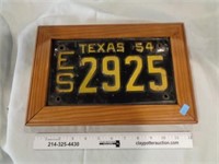 Real 1954 Texas License Plate Framed