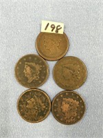 Lot with 5 old large US cents from the early 1800s