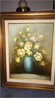 Oil painting of yellow flowers in blue vase
