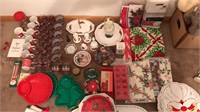 Large Lot of Christmas tablecloth serving pieces