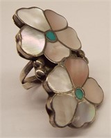 Mother Of Pearl & Turquoise Flower Sterling Ring