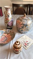 Oriental vases and bowls plus silk handkerchief