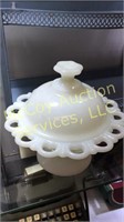Laced edge milk glass candy dish with lid