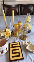 Candles, vases, clock and assorted collectibles