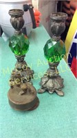 Vintage lot of two green glass candle holders and