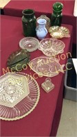 Lot of class serving trays, vases etc