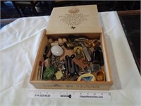 Wooden Box of Assorted Collectibles