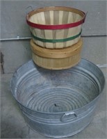 Metal Tub, Fruit Basket & Wood hat Box